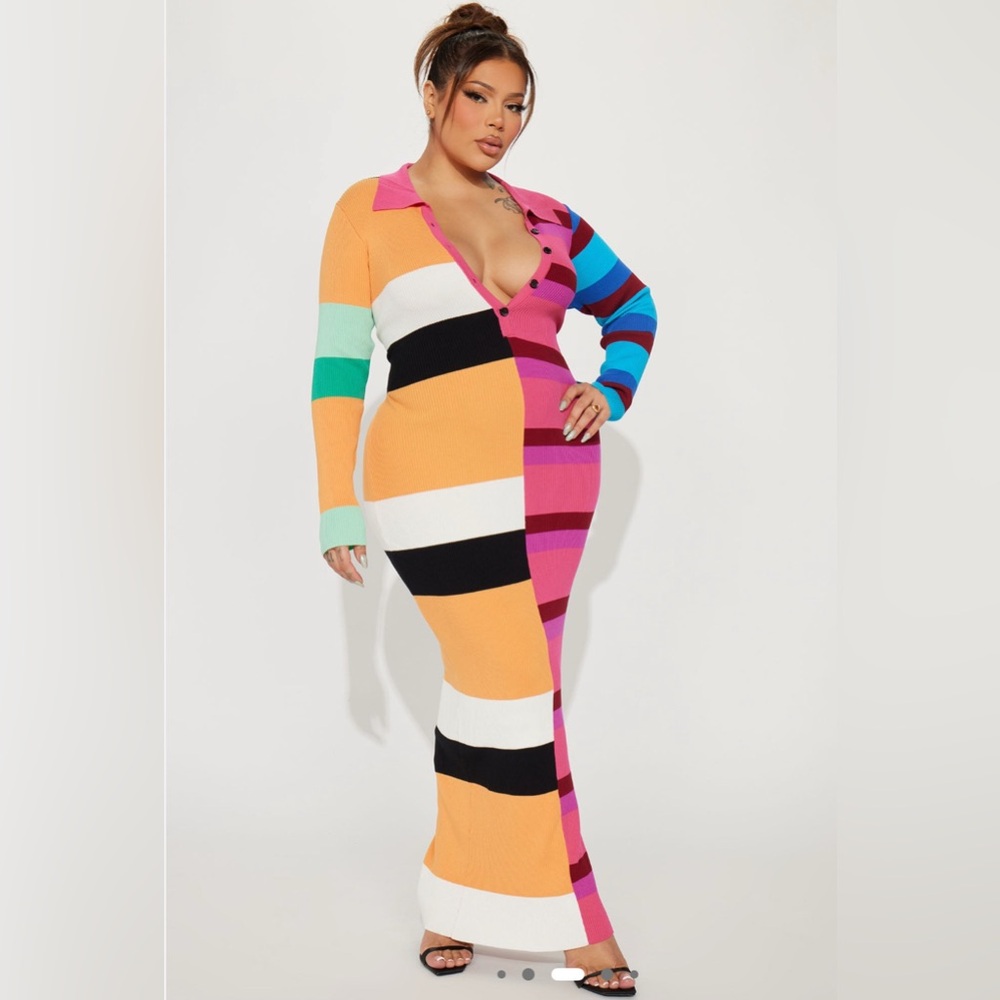 Fashion Nova Peri Colorful Button Up Striped Knit Long Sleeve Maxi Dress Sz 1XL - Picture 5 of 17